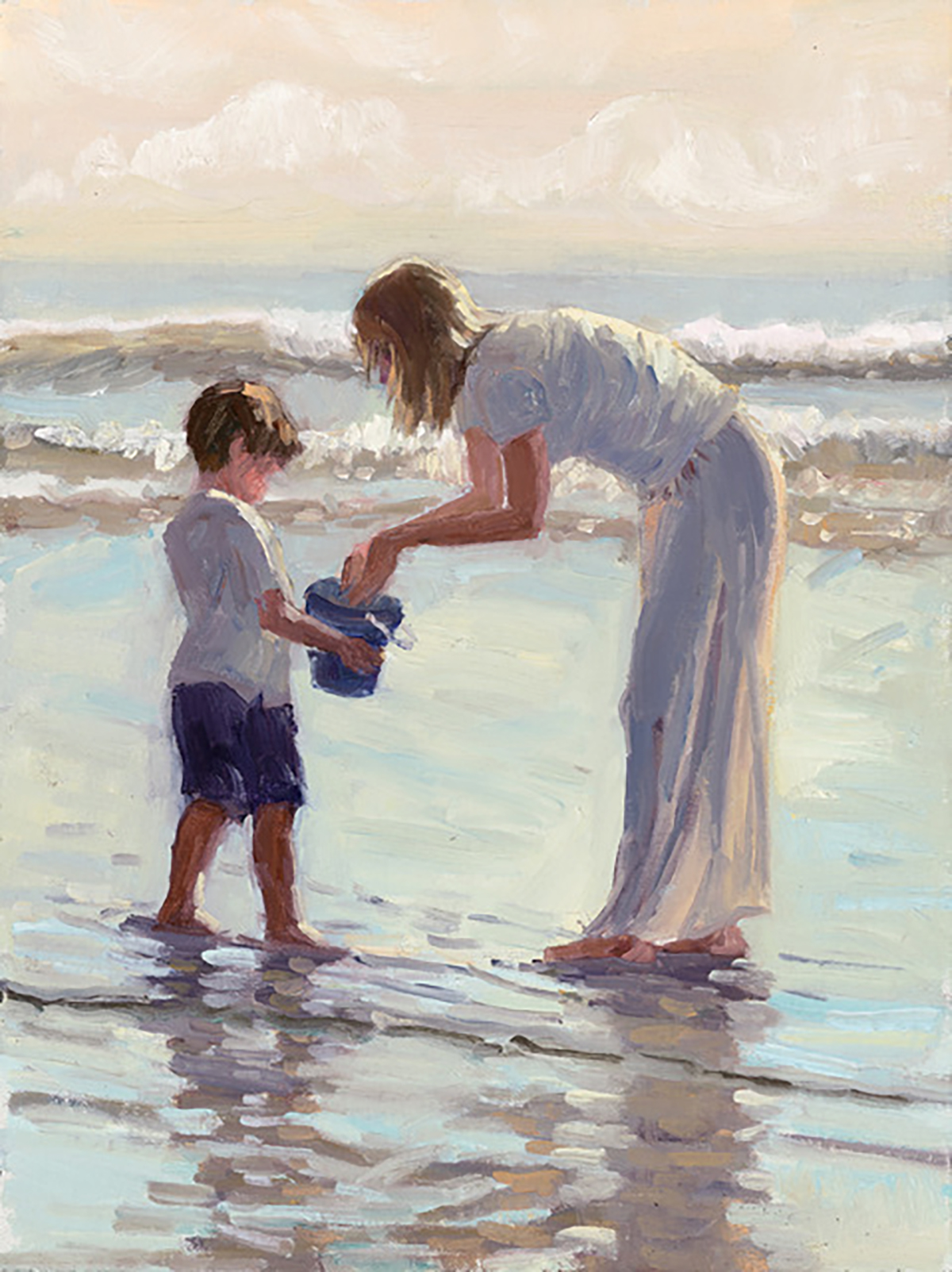 oil painting of woman and child at the beach, child holding a bucket and the woman putting something inside