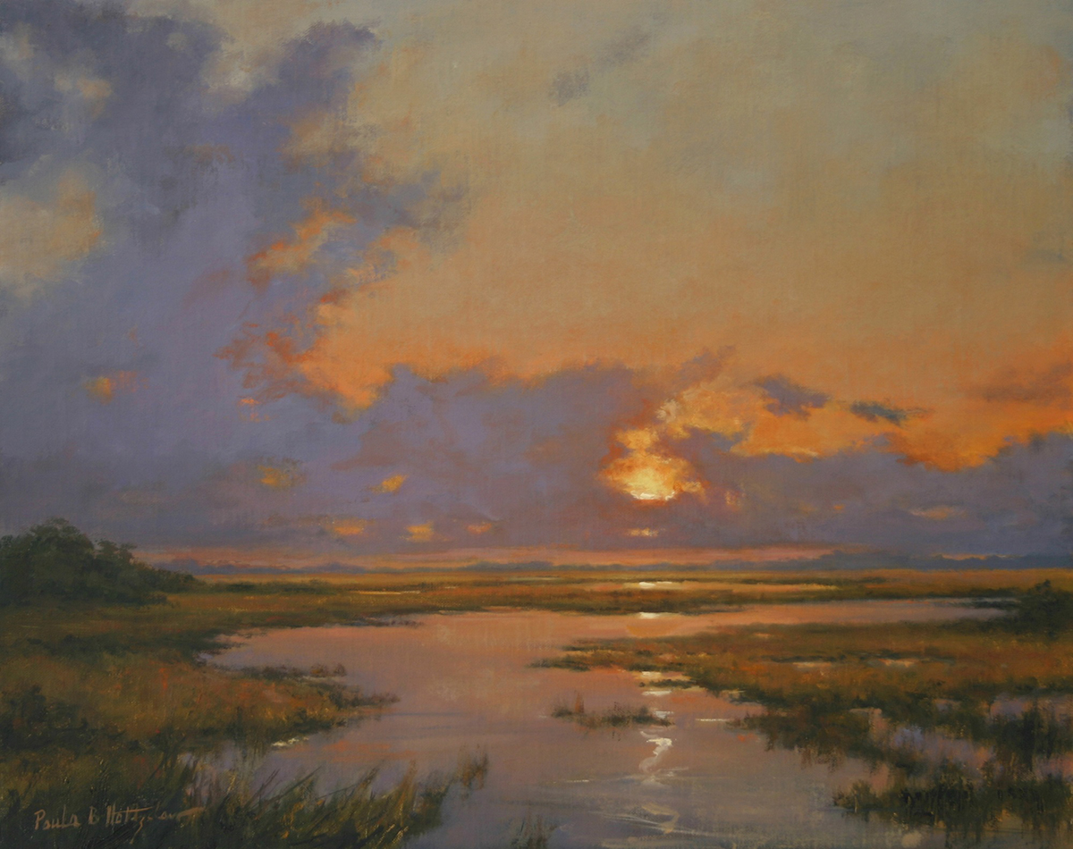 oil painting of strong, bold color sunset filled in the marshlands