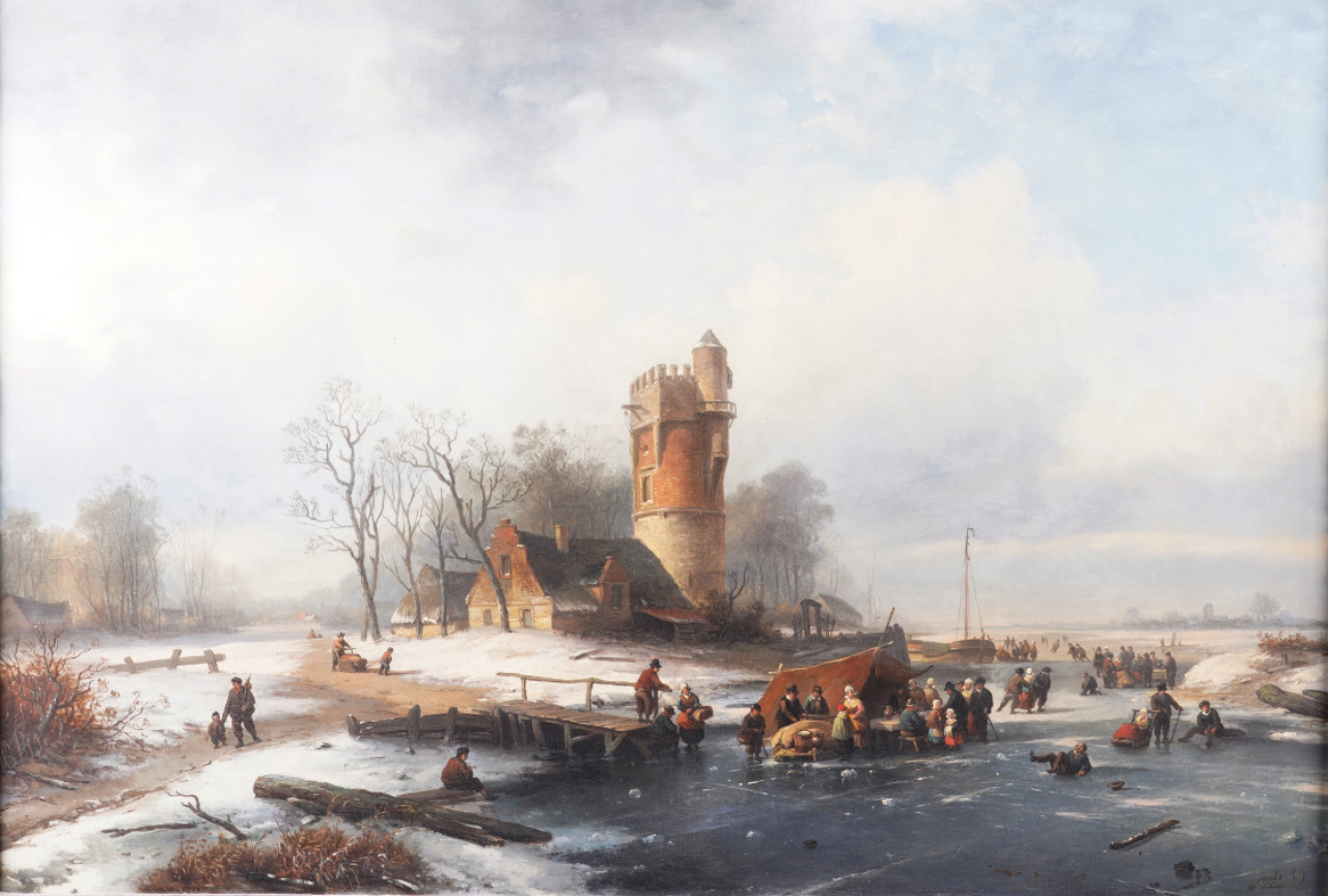 "Skaters on a Frozen River" by Hendrik Adolf Schaep and Eugene Joseph Henri Smits