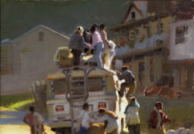 150+ American Impressionist Paintings Kim English AISM," On the Bus," 12 x 12 in., Oil,$2,500