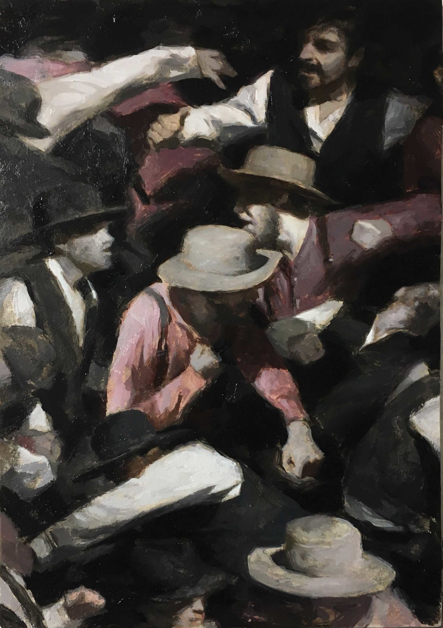 Sean Cheetham, "Saloon Brawl Study," 2018, oil on Dibond, 7 x 5 in., private collection