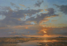 Featured Artwork: Paula B. Holtzclaw oil painting of sunset over ocean