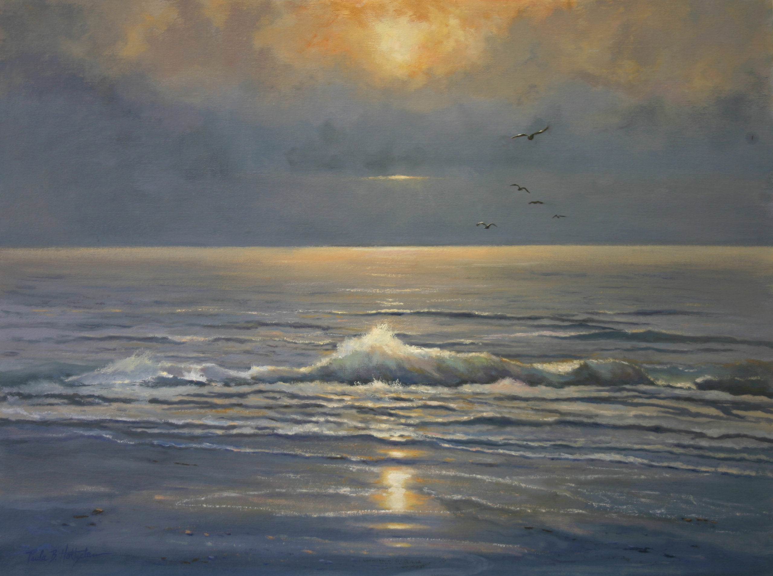 oil painting of seagulls flying over ocean during sunset