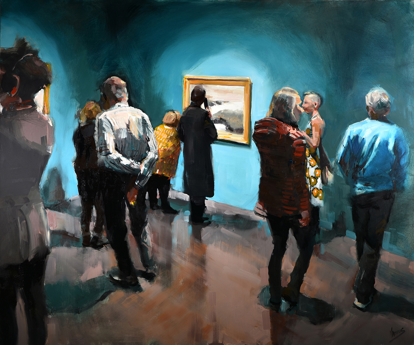 oil painting of people inside a museum looking at the paintings in the dim lit room with blue walls