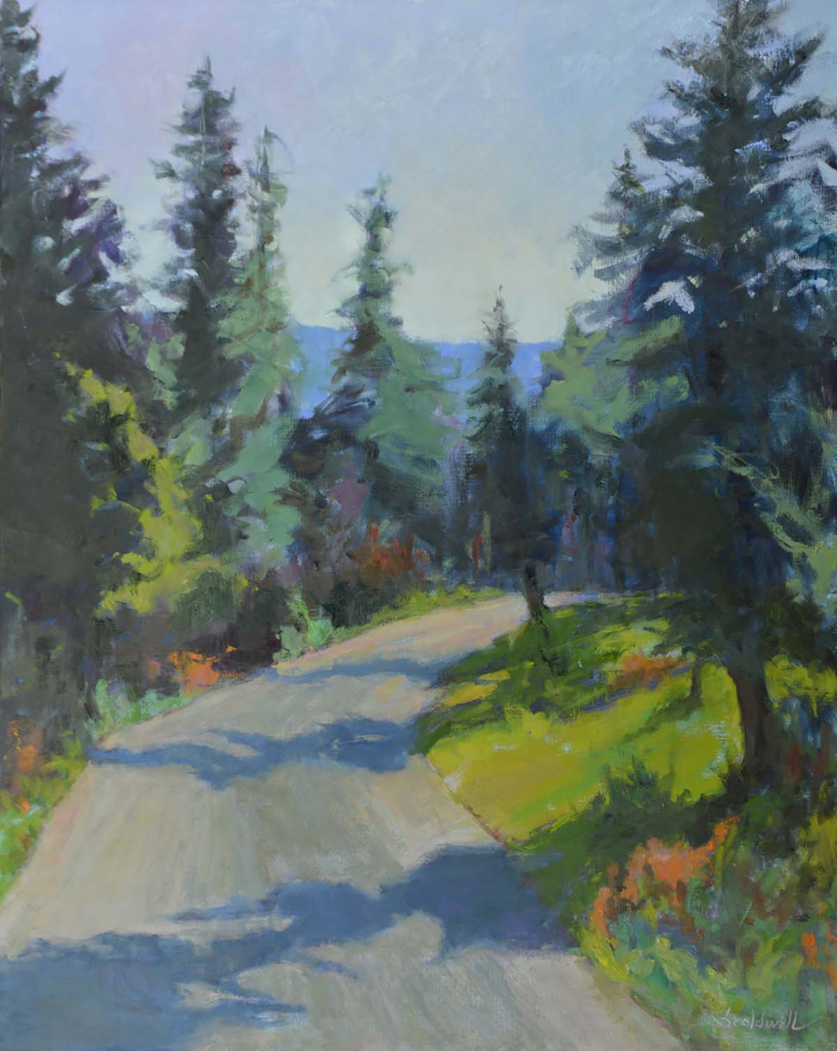 oil painting of roadway leading to the right, with trees along the road