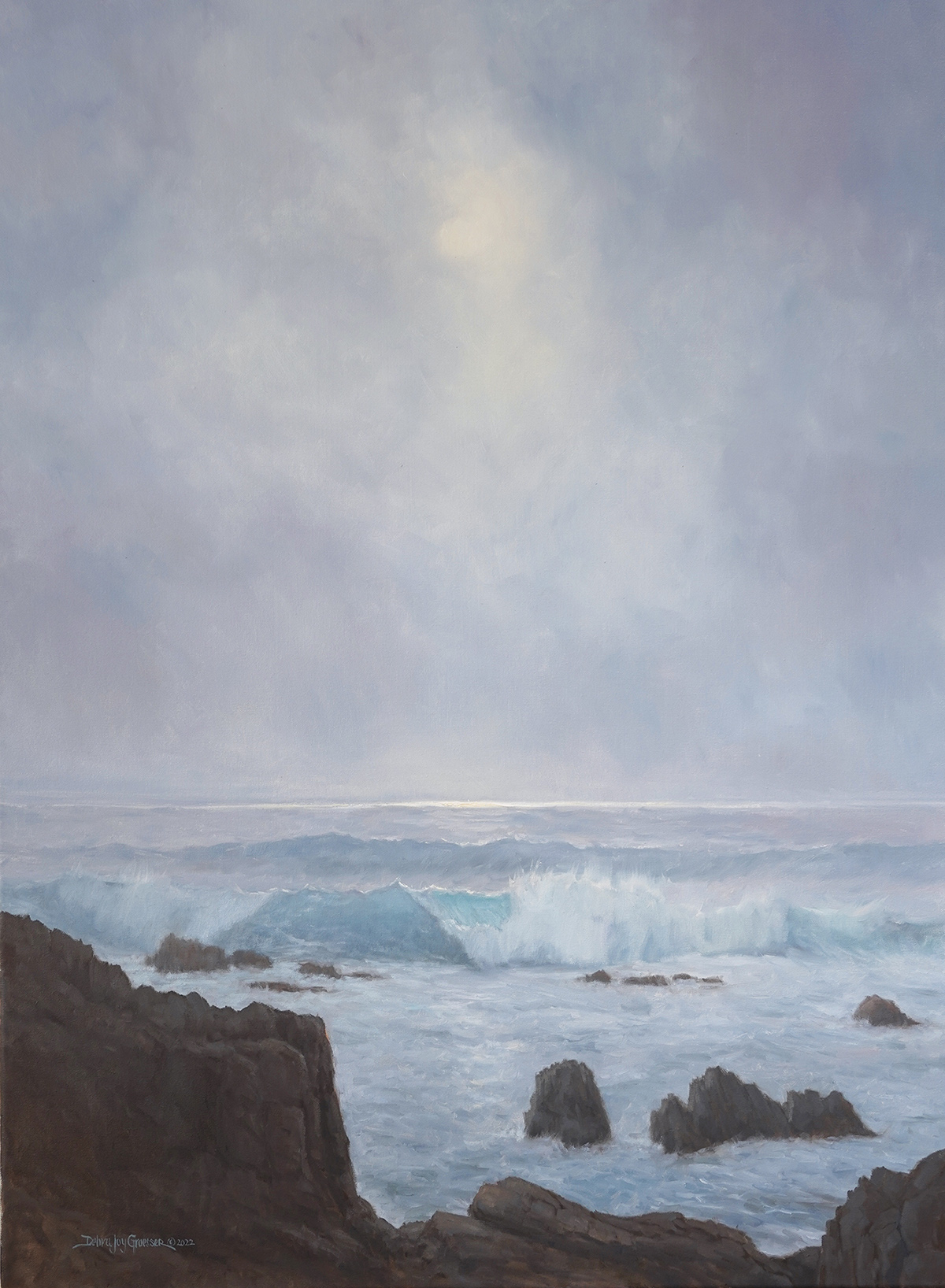 oil painting of light shining through cloudy day, over the ocean waves