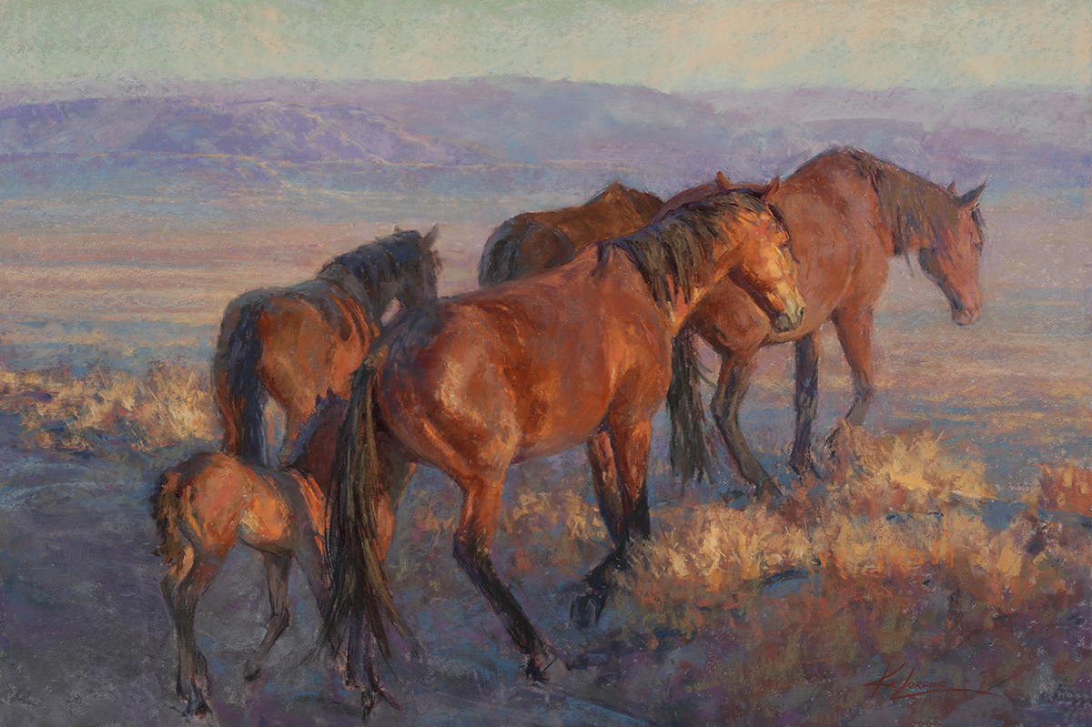pastel painting of 4 horses walking along a hillside, during sunset