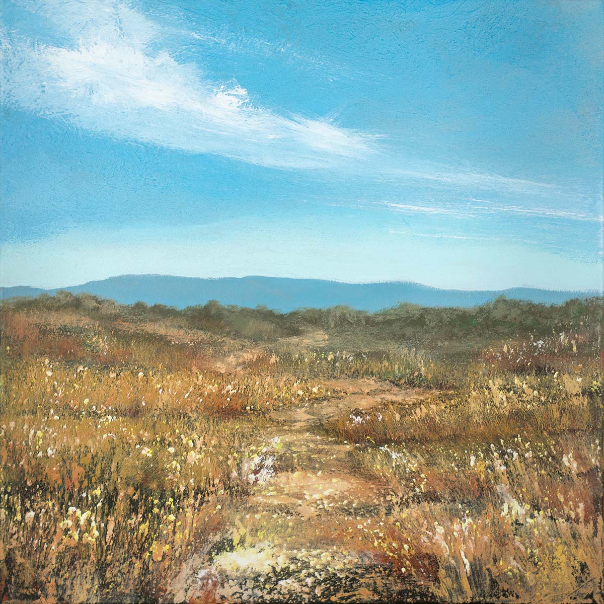 acrylic painting of NM landscape in a bright blue sky