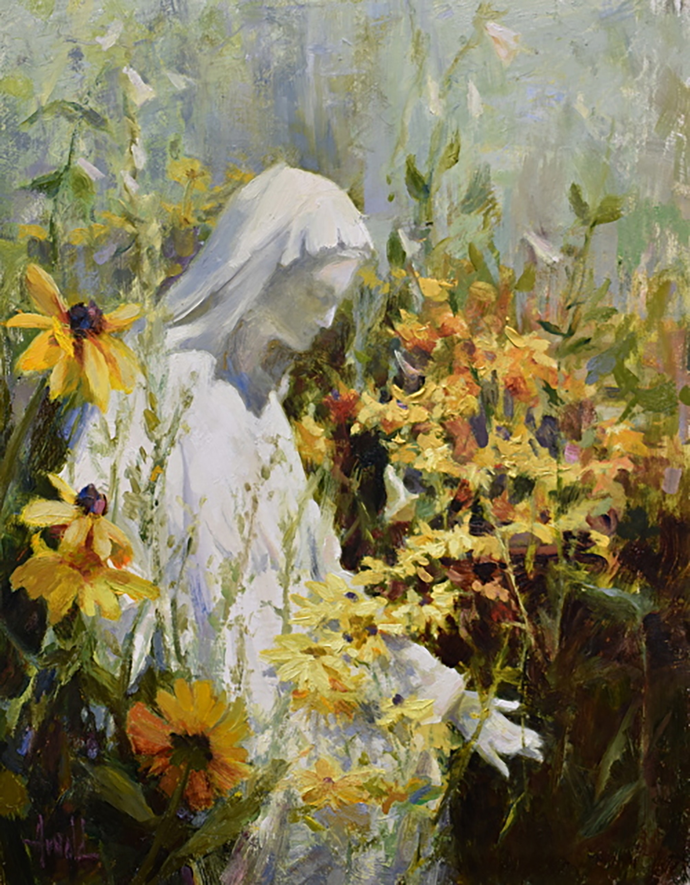 oil painting of a saint statue amongst flowers in a garden