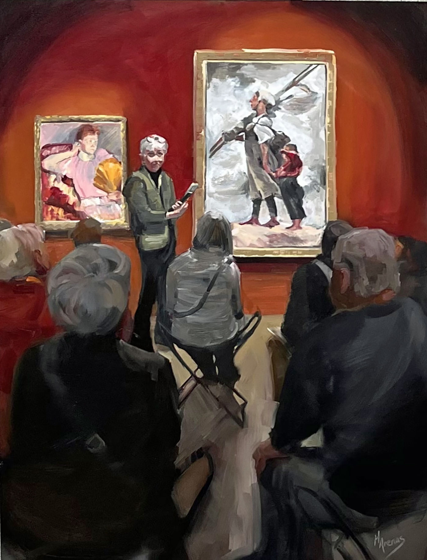 oil painting of people sitting at a museum, listening to a woman; red walls 