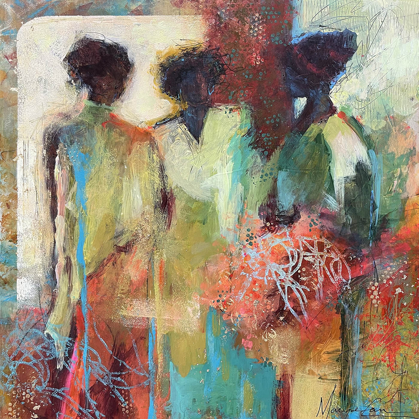 abstract acrylic painting of three woman standing, talking