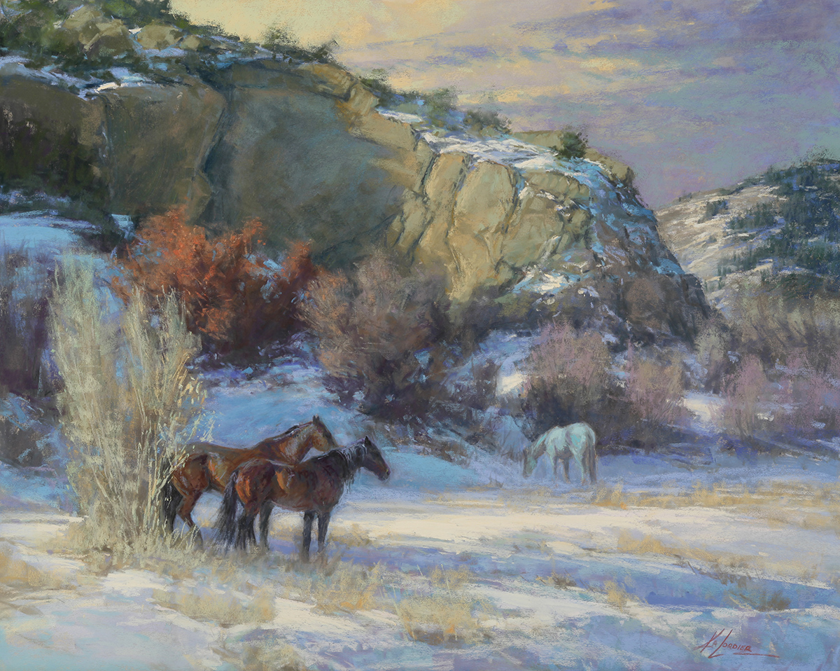 pastel painting of horses standing at the base of a mountain during winter