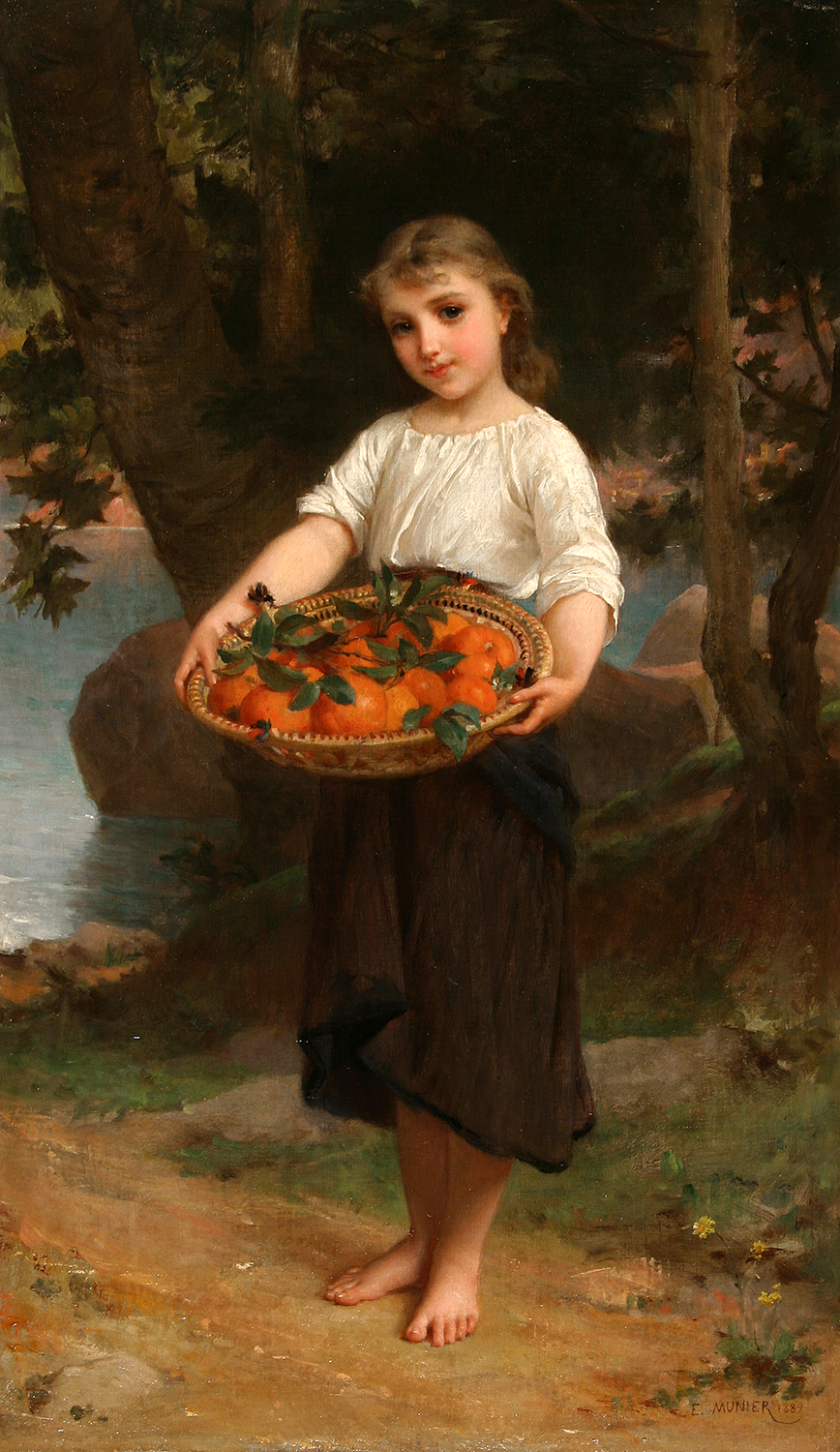 Girl with Basket of Oranges painting