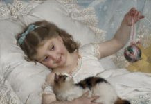 New From Rehs Galleries: Emile Munier Catalogue Raisonné Emile Munier (1840 - 1895), "Petite fille et chat," Oil on canvas, 21 3/4 x 25 3/4 inches, Signed and dated 1882