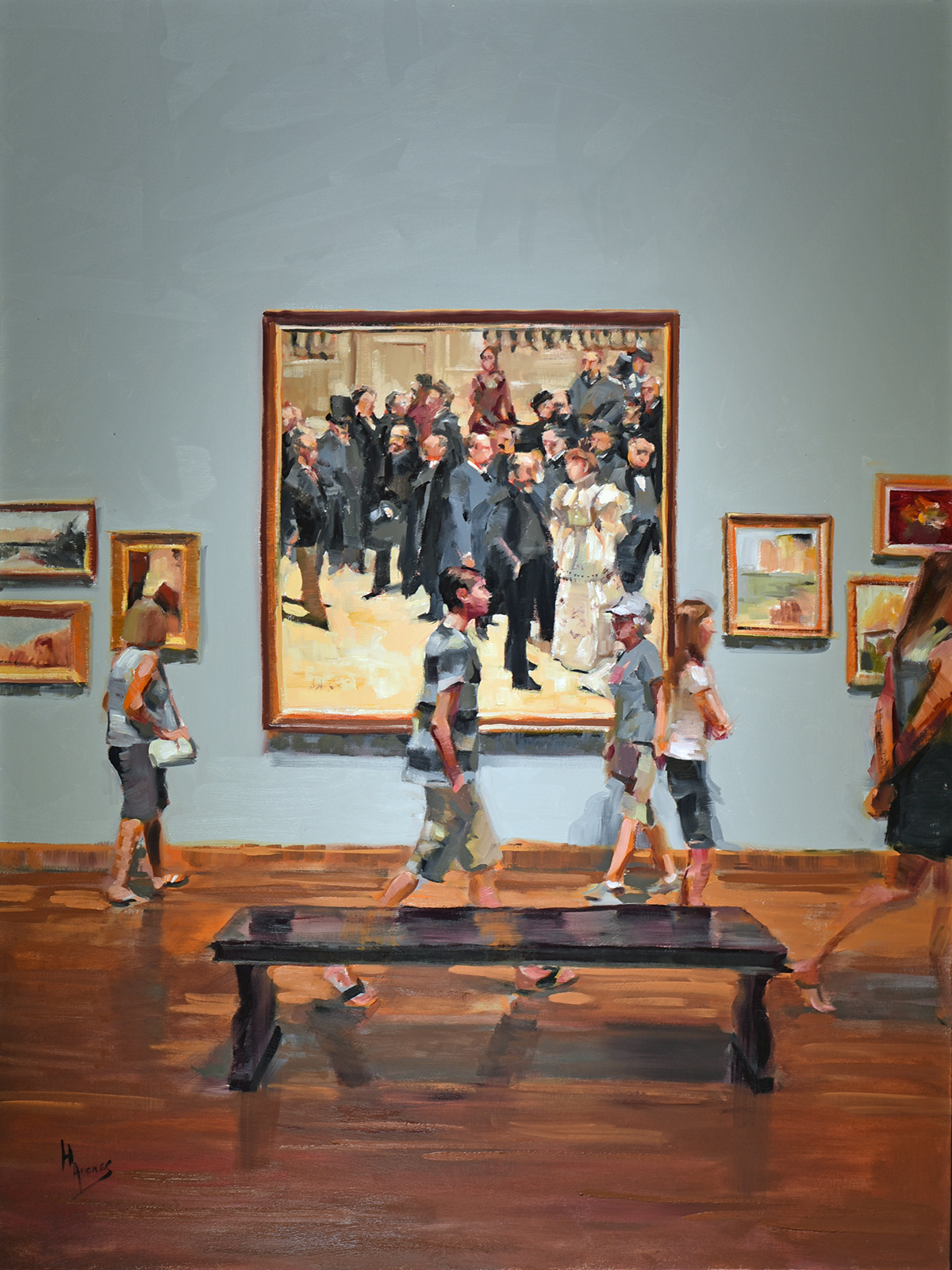 oil painting of people walking through gallery