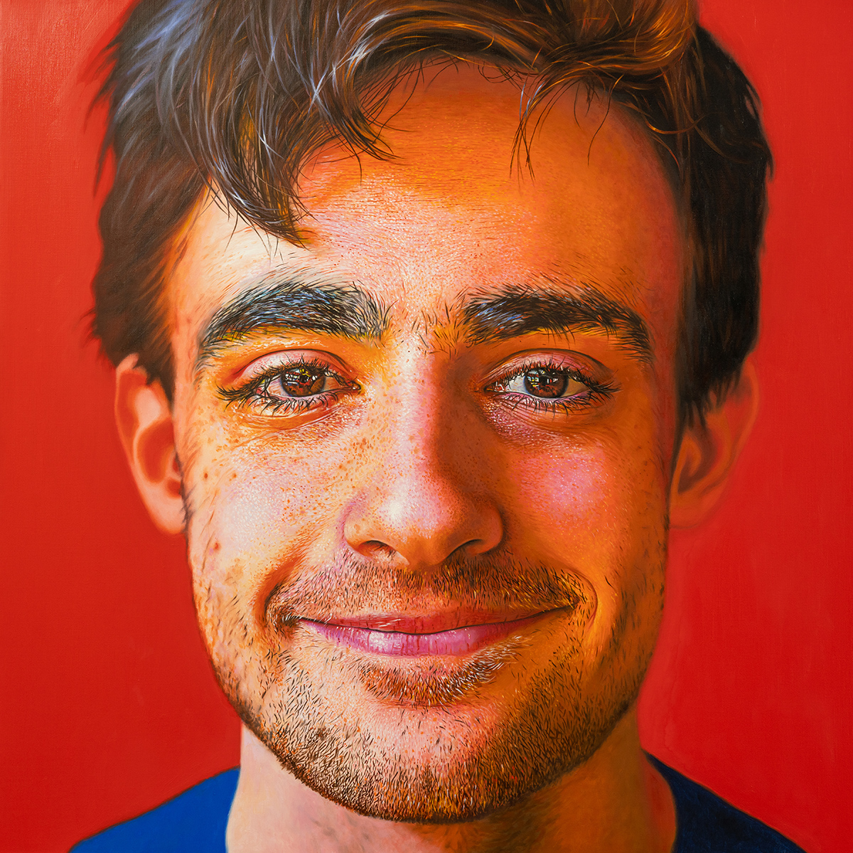 oil painting of realistic human face of a man with scruff on his chin and surrounding lips. Red background color