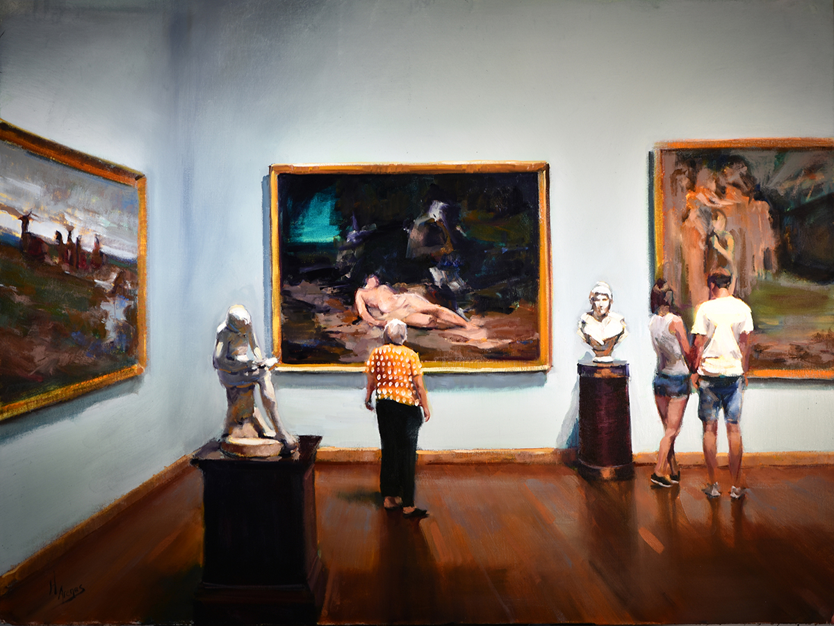 oil painting of people admiring paintings at the gallery with the statues on either side of the canvas