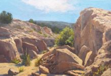 WAOW: East Meets West Jan Delipsey (b. 1953), "Sun, Sand & Stone," 2022, oil on panel, 14 x 22 in.