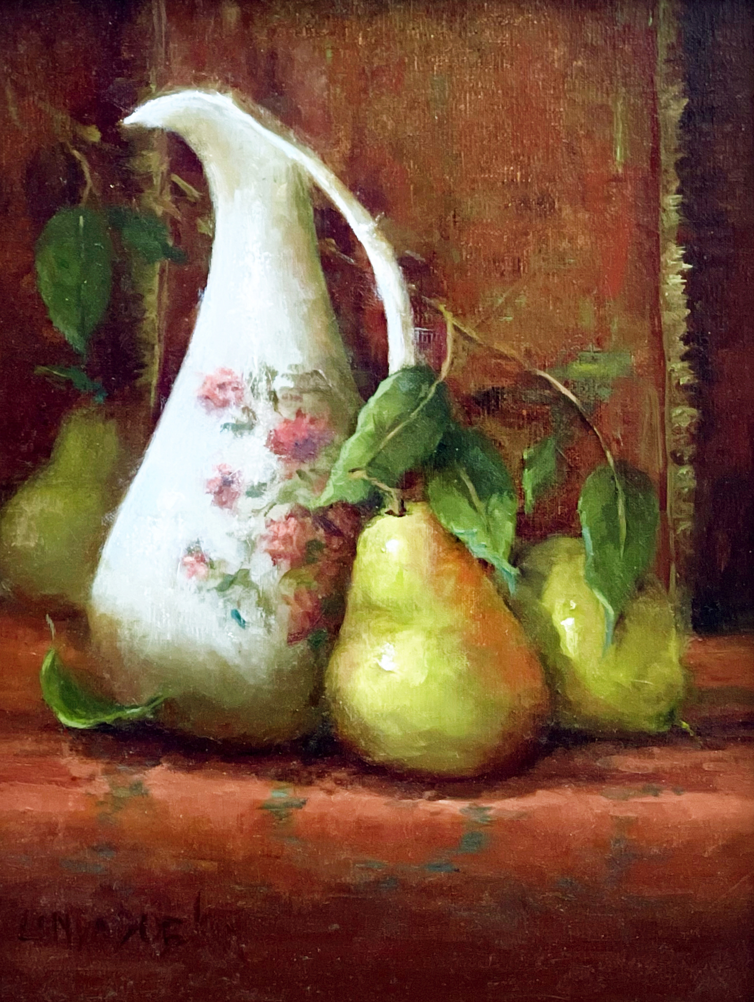 art collecting - Linda Dobkin, "Tapestry and Fruit," oil, 12 x 9 in.