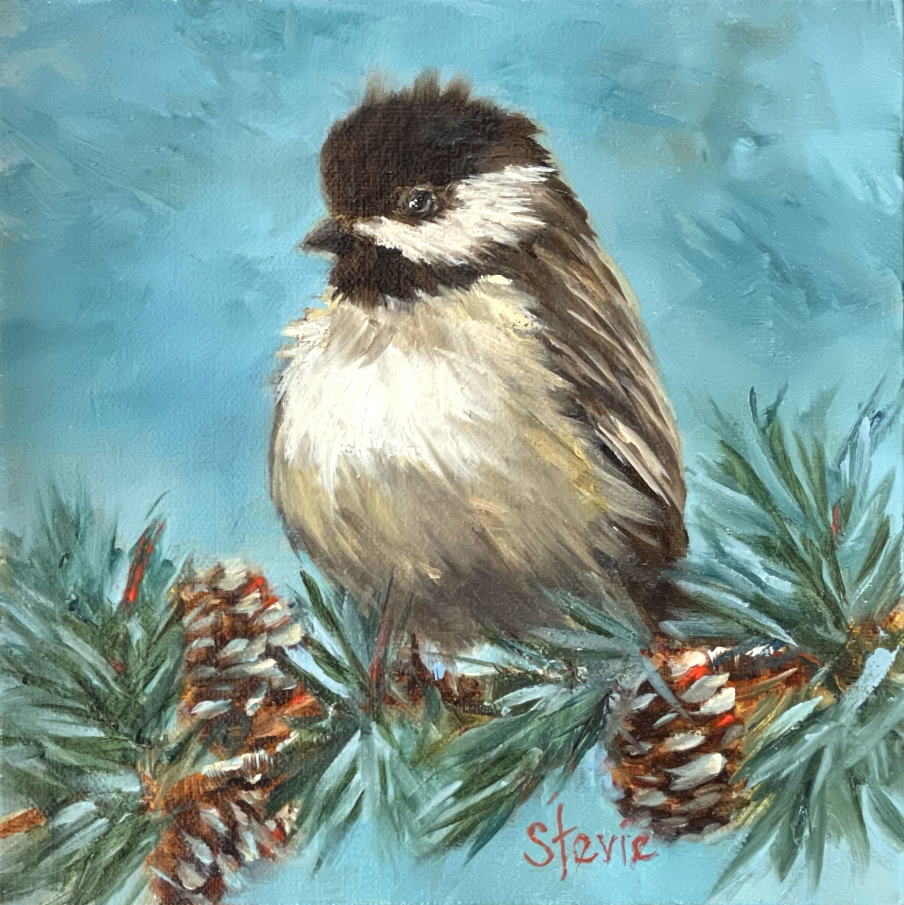 art collecting - Stevie Denny, "Winter Visitor," oil, 6 x 6 in.