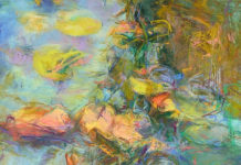 Featured Artwork: Marcia Holmes pastel painting of water lilies floating; impressionist painting