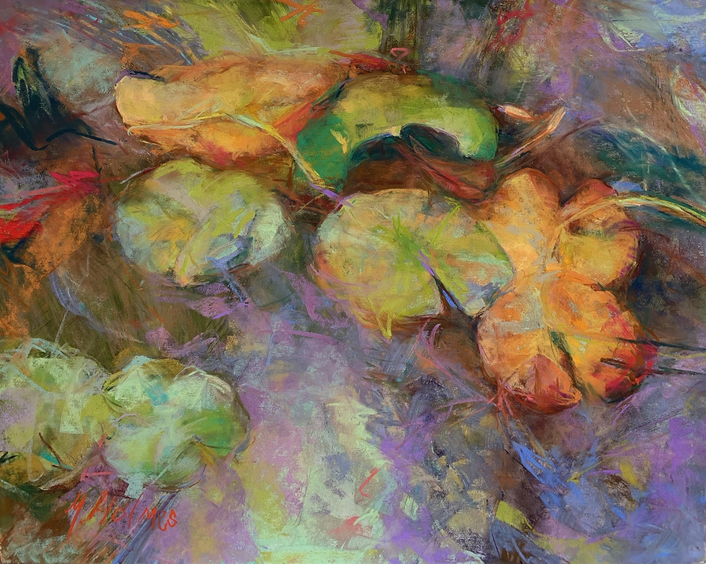 pastel painting of close up view looking down at lily pads