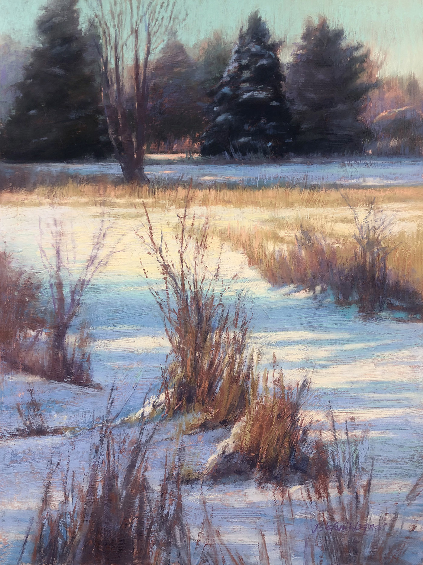 pastel painting of winter scene in meadow, sunlight on the snow, trees in the distance