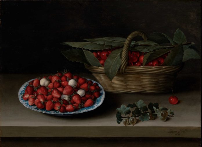 Still Life with a Bowl of Strawberries, Basket of Cherries, and Branch of Gooseberries by Louise Moillon