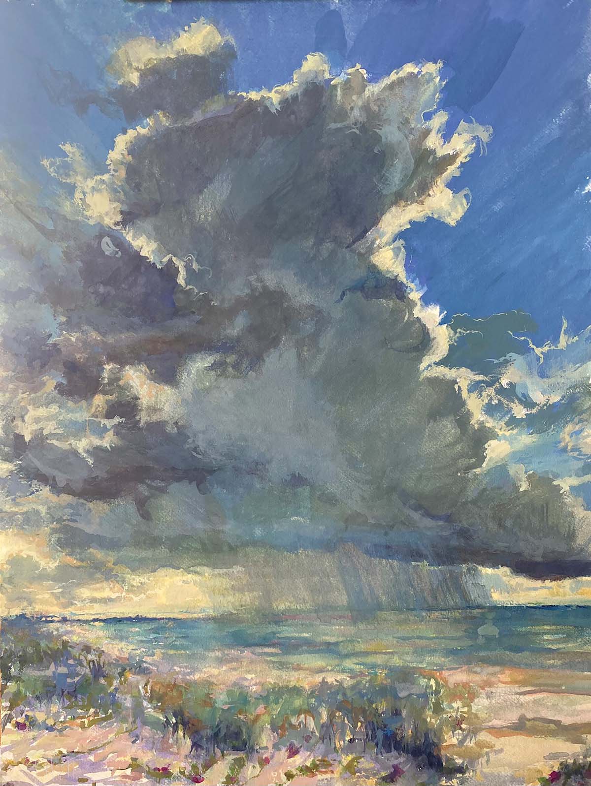 painting of large clouds coming over the ocean; blue sky above;rainfall over ocean