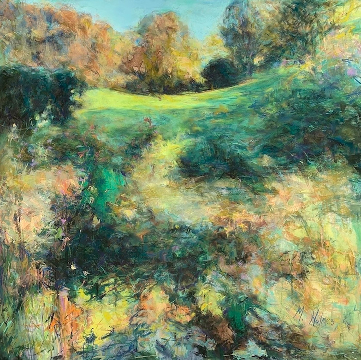 pastel painting of a field in the background surrounded by luscious trees and bushes. painting predominately green 
