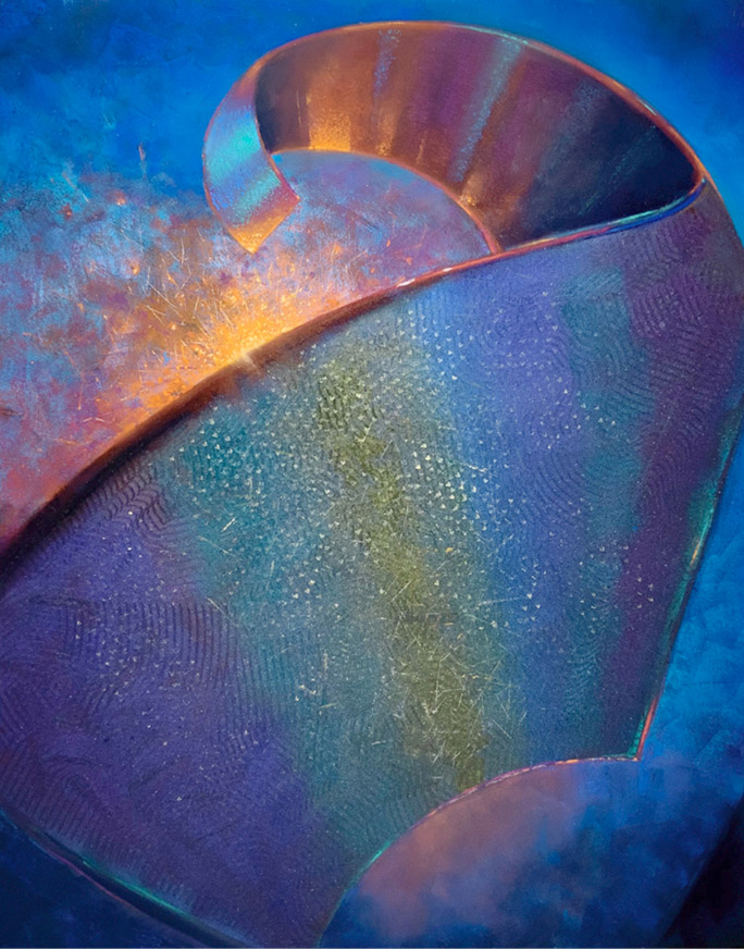 pastel abstract painting of a round object, described with cool colors with light reflecting in the middle, and bursting from the center