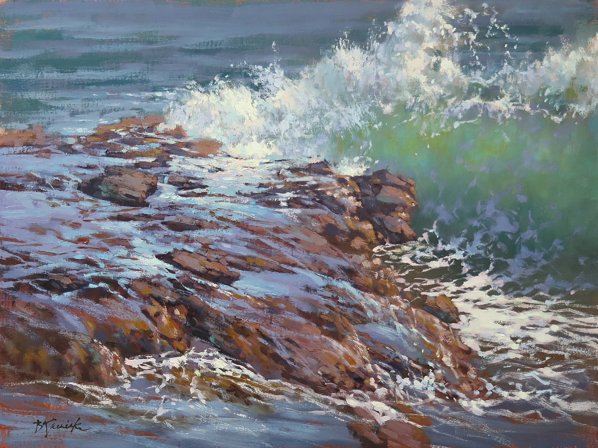 oil painting of close up of wave crashing against rocks