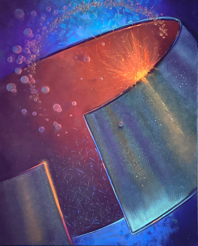 pastel abstract painting of circular object with light exploding from the corner of object, bubbles floating through, object is reflective 