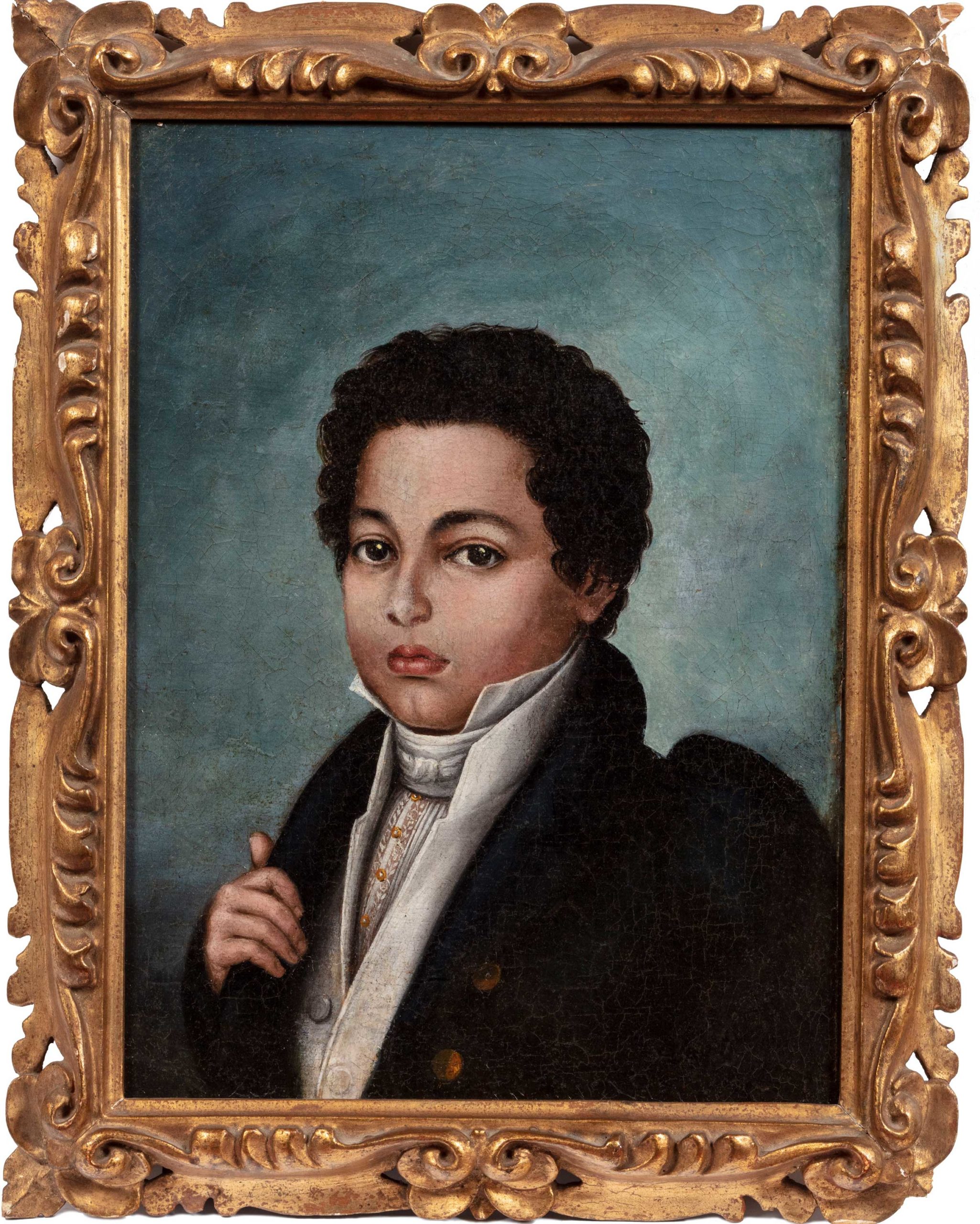 Portrait painting - Circle of Julien Hudson (New Orleans, mid-19th century), "Portrait of a Youth," oil on canvas, 12 x 8 7/8 inches.