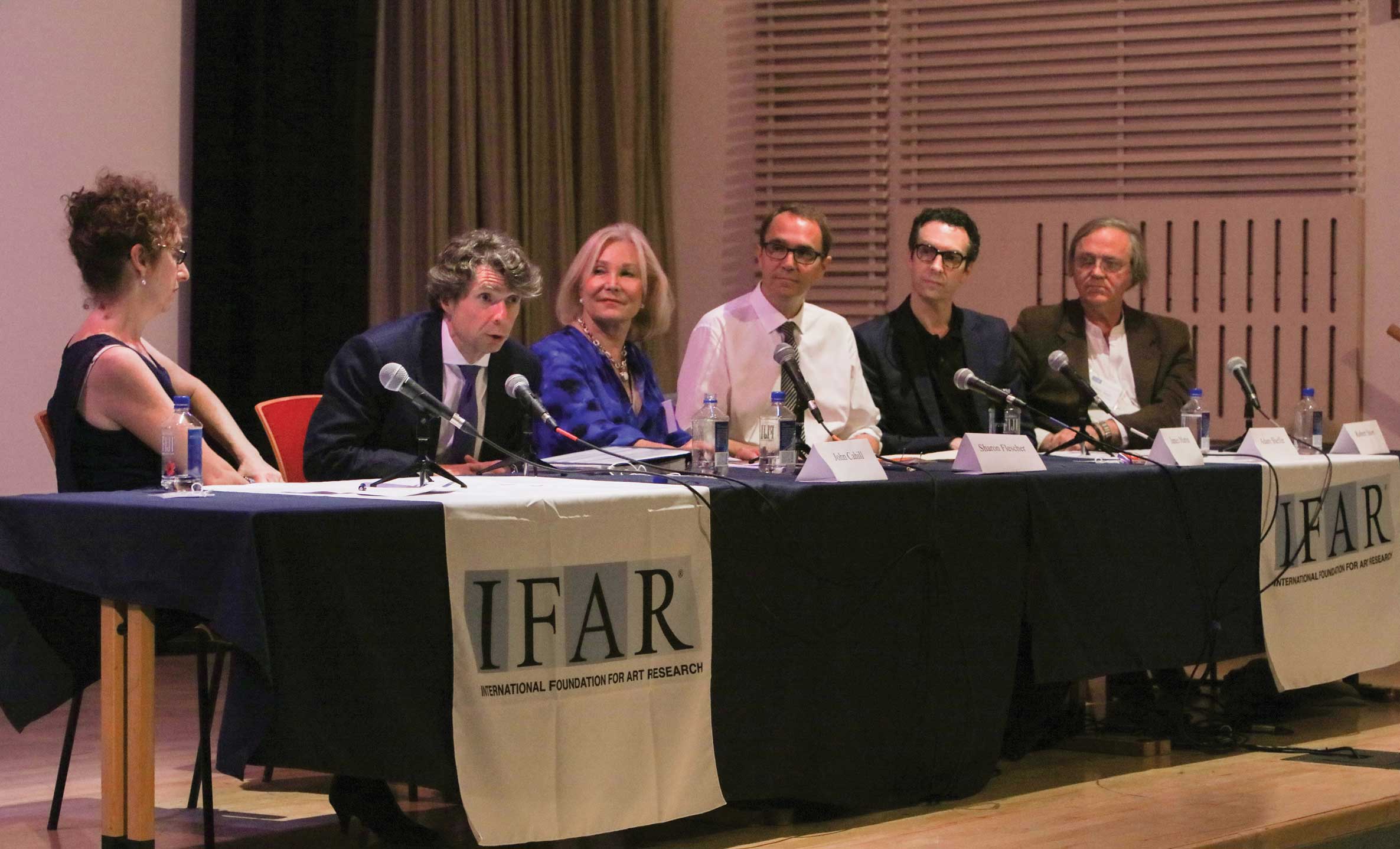 Participants in “20/20 Hindsight: Lessons from the Knoedler/Rosales Affair,” an IFAR Evening panel held in July 2016. Left to right: Patricia Cohen (who broke the story of this affair in The New York Times), John Cahill, Sharon Flescher, James Martin, Adam Sheffer, Robert Storr. Photo: Steven Tucker