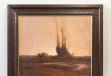 Seeing All Together: Landscape Paintings Landscape paintings - Robert Flanary, "A Grove in the Lowlands," 2015-2018. Oil on canvas, 20 x 24 in., Framed in a custom mitered (carved scoop)—3 1/2″. Quartersawn white oak (Saturated Medieval stain) with a gilt slip. (Inquire for other frame options.)