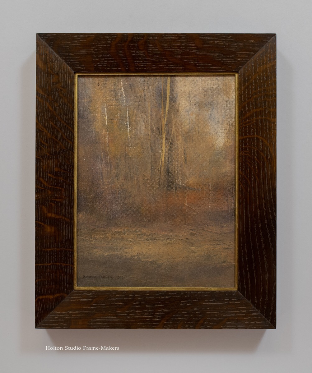 Landscape paintings - Robert Flanary, "In the Alder Bog," 2021. Oil on canvas, 12 x 9 in., Framed in a No. 2—2″ in fumed quartersawn white oak with Medieval stain. Slip finished with metallic powder suspended in linseed oil wax. (Inquire for other frame options.)