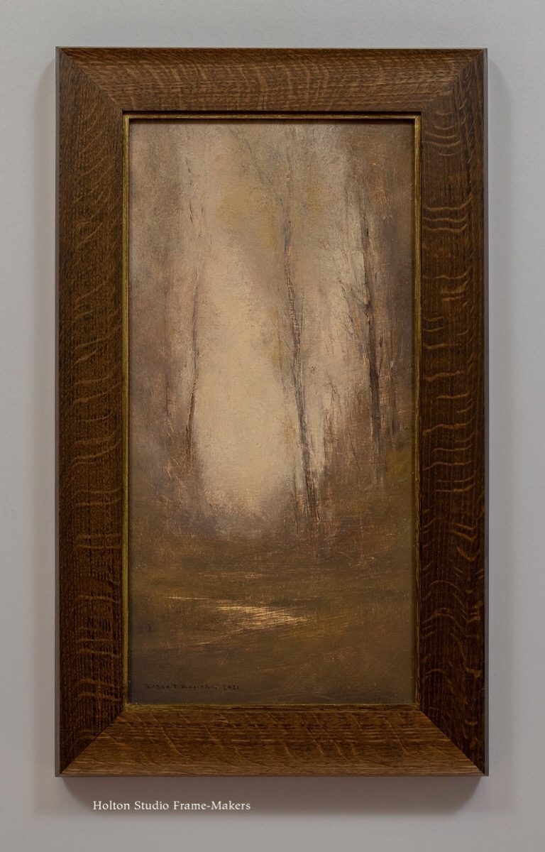 Robert Flanary, "Spires By A Brook," 2021. Oil on panel, 16 x 8 in., Framed in a Custom Mitered—2″ in quartersawn white oak with Fumed stain. Slip finished with bronze wax. (Inquire for other frame options.)