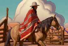 Featured Artwork: Logan Maxwell Hagege presented by Autry Museum of the American West oil painting of man riding on horse outside the corral