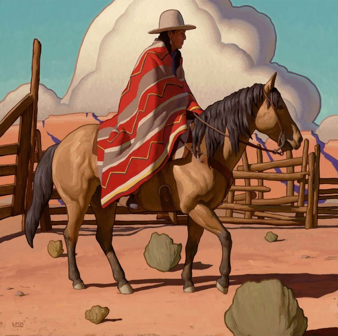 oil painting of man riding on horse outside the corral
