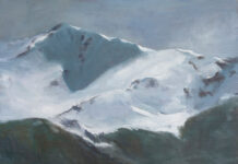 Featured Artwork: Jennifer Riefenberg gray tone of mountains with snow on them; gray sky, dark gray foreground