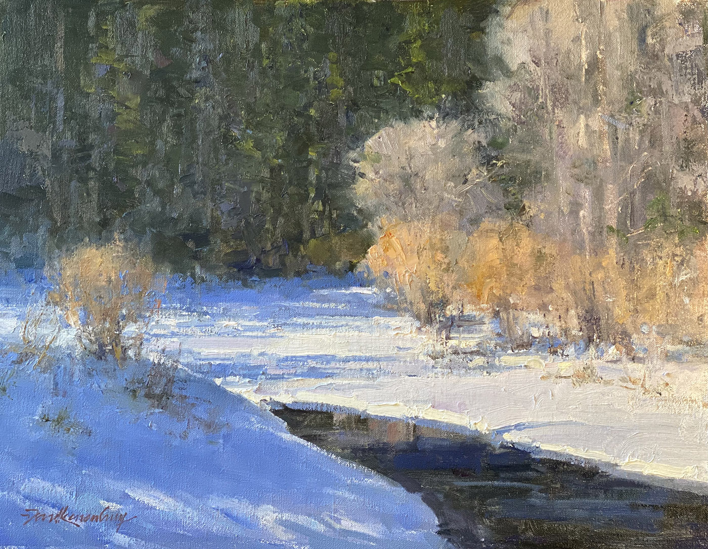 oil painting of woods with river running through foreground; snow on the ground with shadows pouring over snow