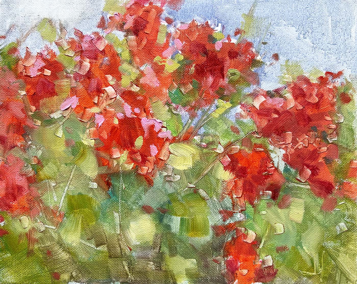 oil painting of bright flowers. only a third of sky is showing