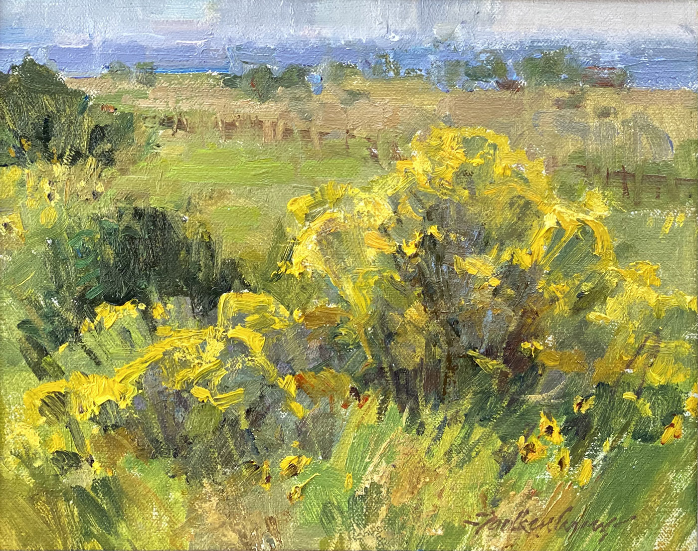 oil painting of fields of green during the day; yellows and warm tones; trees in the foreground with flat field on the middle ground