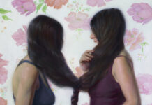 Featured Artwork: Manu Saluja presented by Didi Menendez two girls with dark hair braiding and intertwining their hair; flower wallpaper-esque in the background