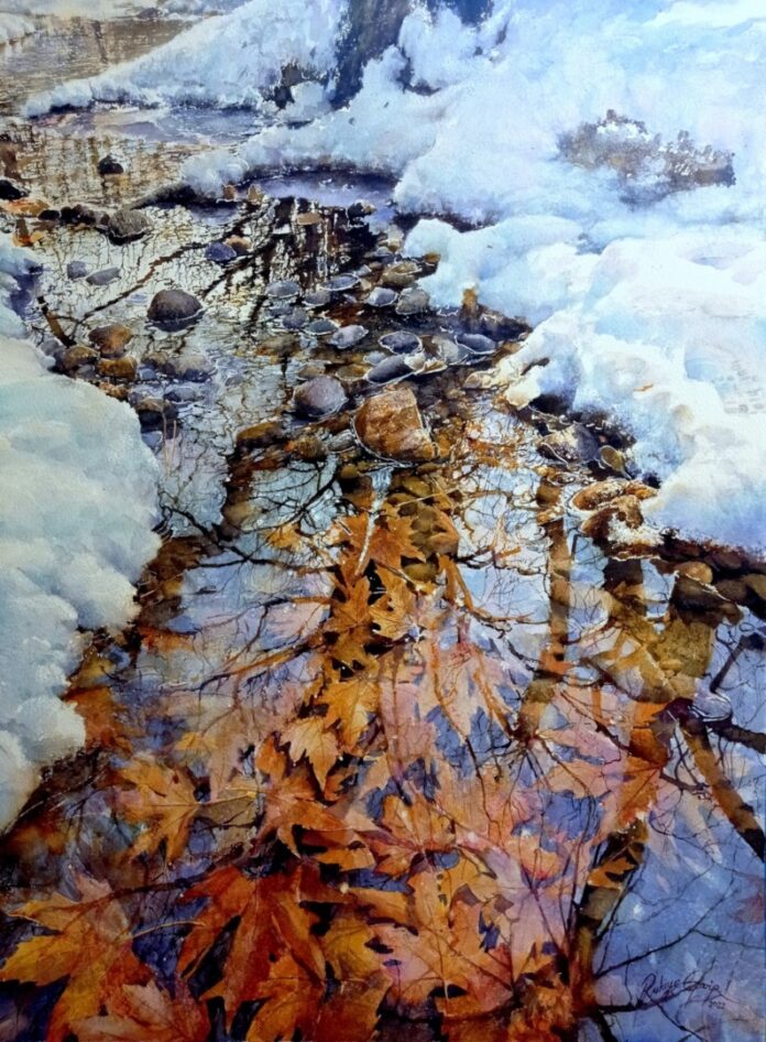 Plein Air Salon - Rukiye Garip, “Winter Reflection,” watercolor, 30 x 22 in.