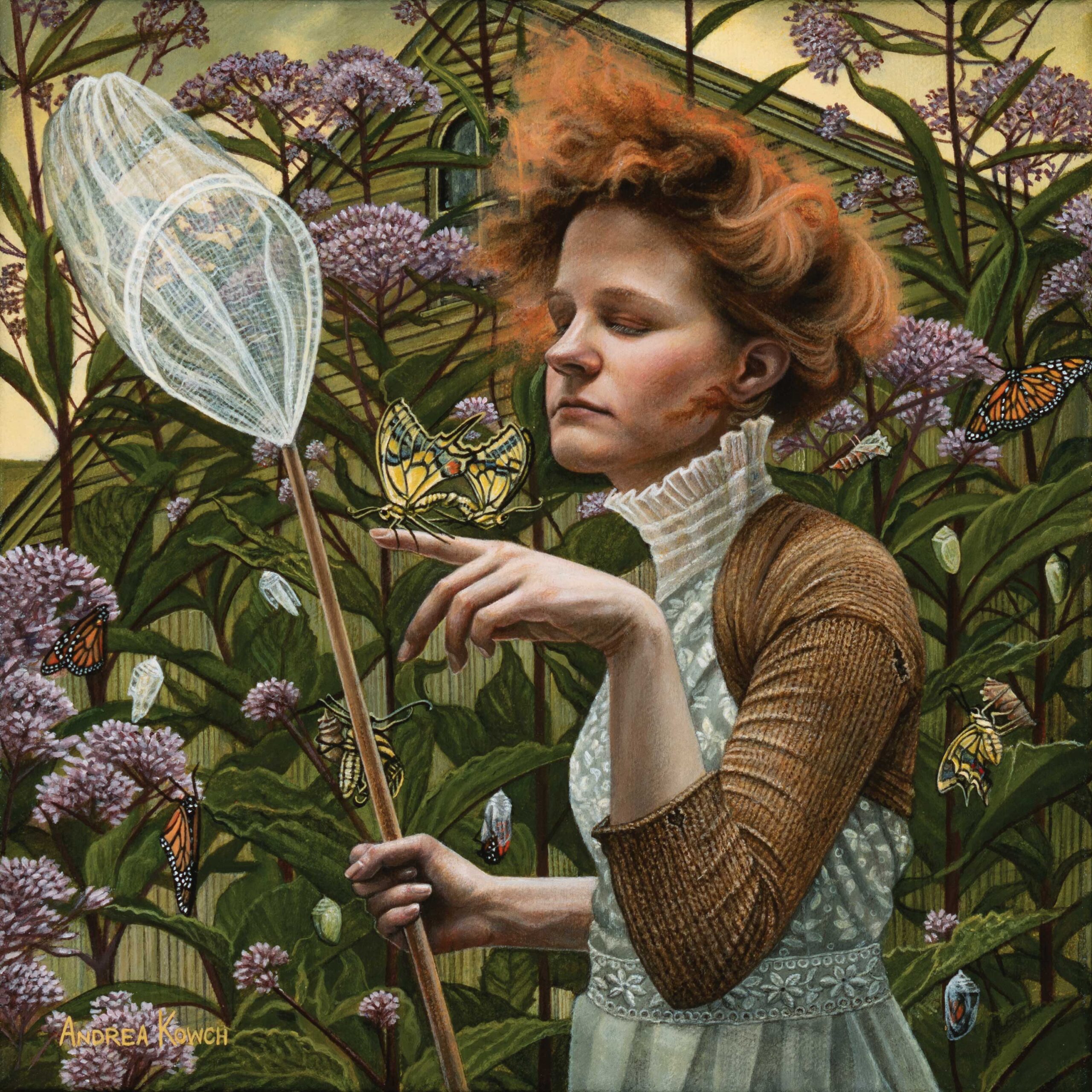 contemporary realism narrative art - Andrea Kowch, "Expectation," 2019, acrylic on canvas, 10 x 10 in., private collection
