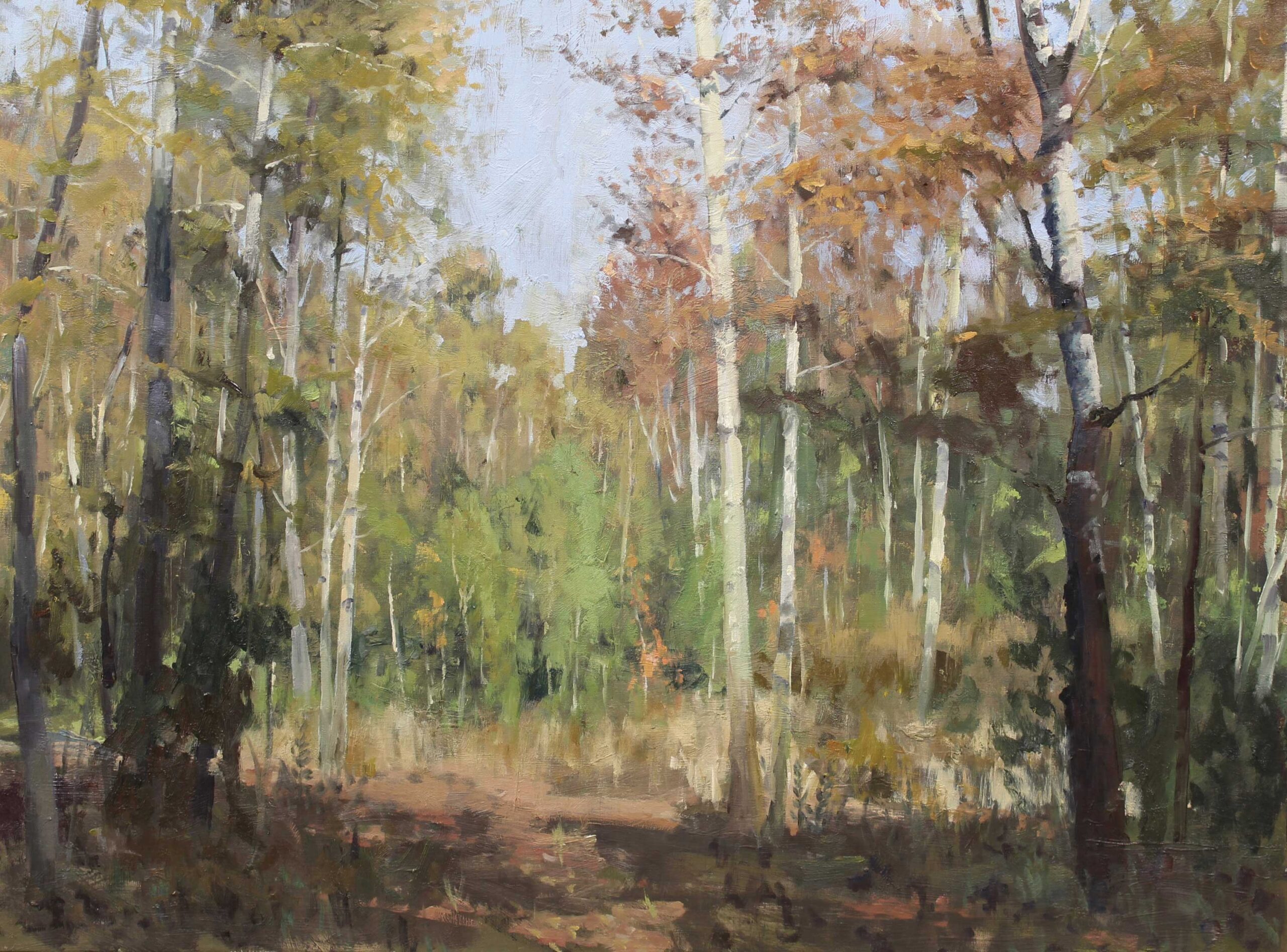 Roger Dale Brown, "A Walk through the Woods," 2020, oil on linen, 30 x 40 in, collection of the artist