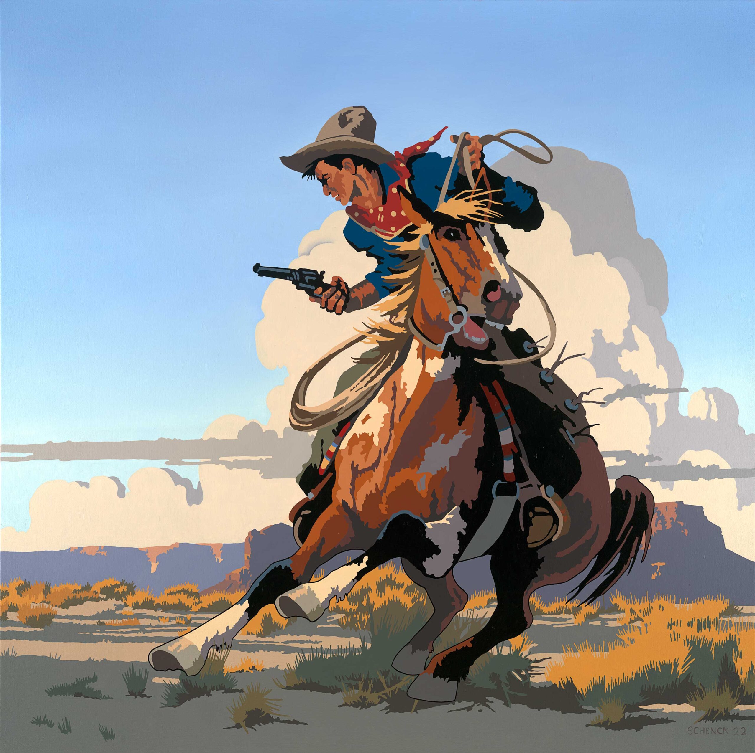 Painting of a cowboy - Billy Schenck, "Rider from the Heart 3 Ranch," oil on canvas, 45 x 45 in.