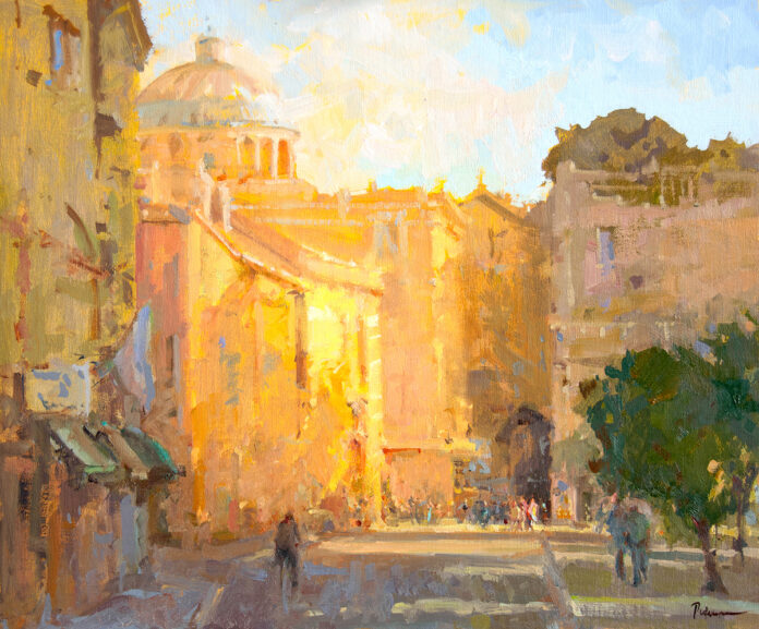 oil painting of sun shining off buildings and a courtyard; people walking through